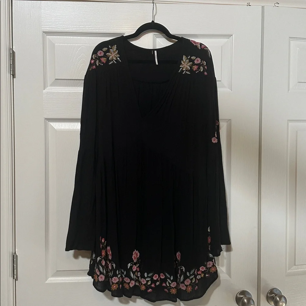 Free People Black Mini Dress with Pink Floral Embroidery